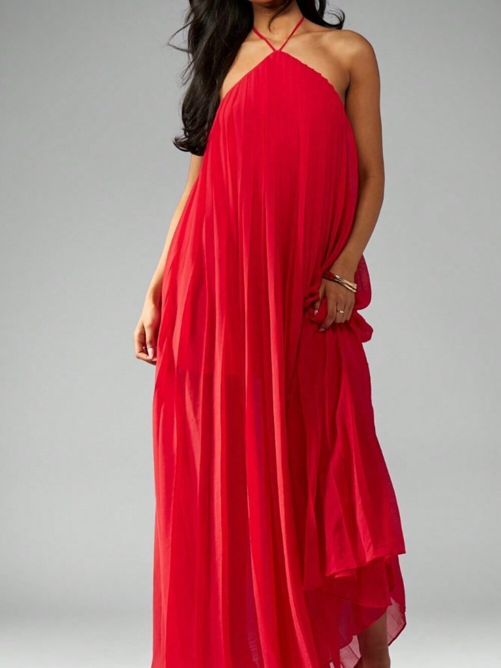 Red Casual Women's Pleated Maxi Halter Dress